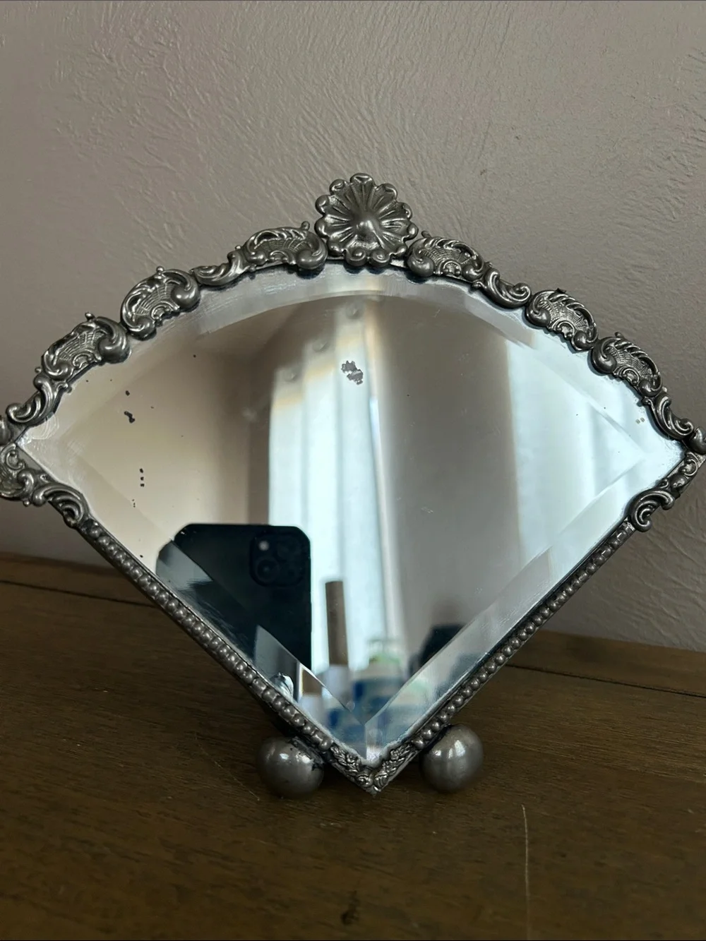 Vintage French Art Deco Vanity Table Mirror. Decorative Fan Shape Design.